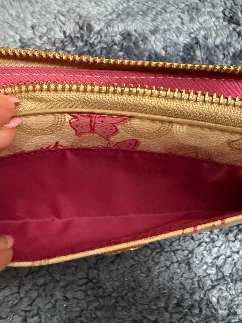 Coach Beige Signature Butterfly Zip Wallet with Pink Accents